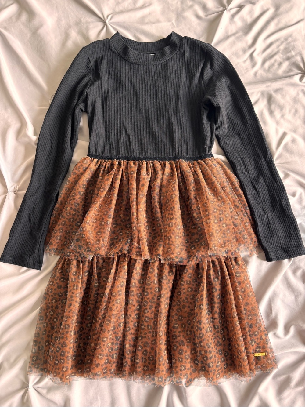 Tahari Black Long Sleeve Brown Leopard Tiered Tulle Dress Size 10 Girls